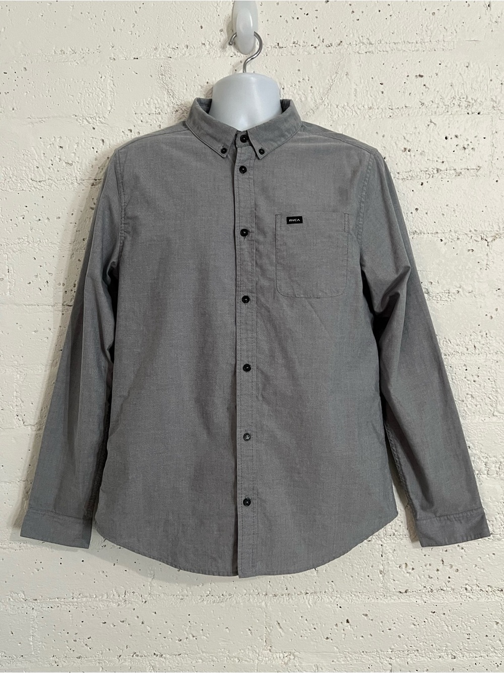 RVCA Mens Casual Button Down Shirt L Gray Long Sleeve Cotton Blend Slim Fit B15